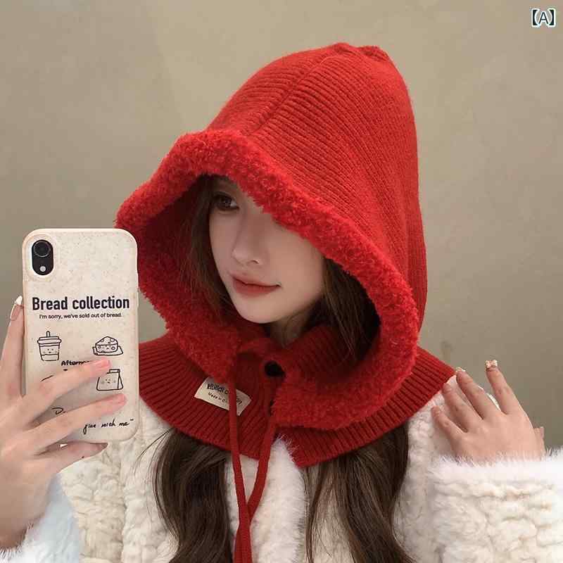 バラクラバ ニット フード ネックウォーマー 帽子 マフラー 防寒 秋冬 レディース 韓国 サイクリング 暖かい レッド グレー ブラック