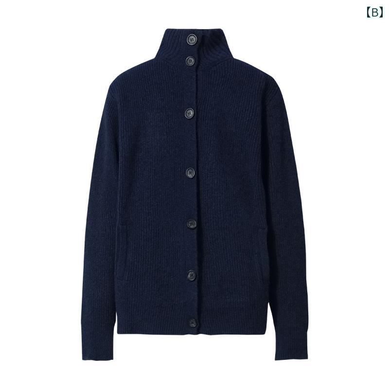 カーディガン メンズ レディース セーター ニット ソリッド スタンドカラー ジャケット カジュアル グレーネイビー