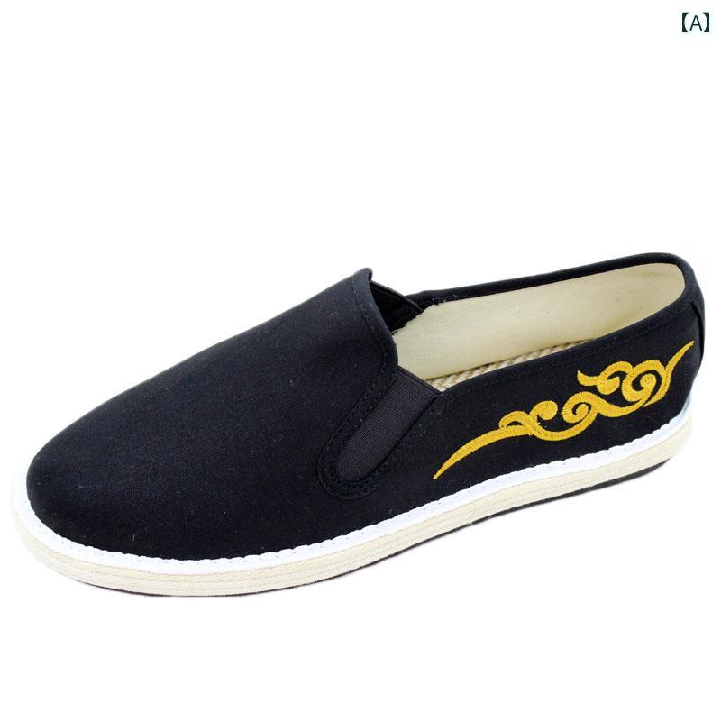スリッポン メンズ 厚 スニーカー 通気性 フラット ローカット ソフト 中国風 靴 刺繍 ブラック