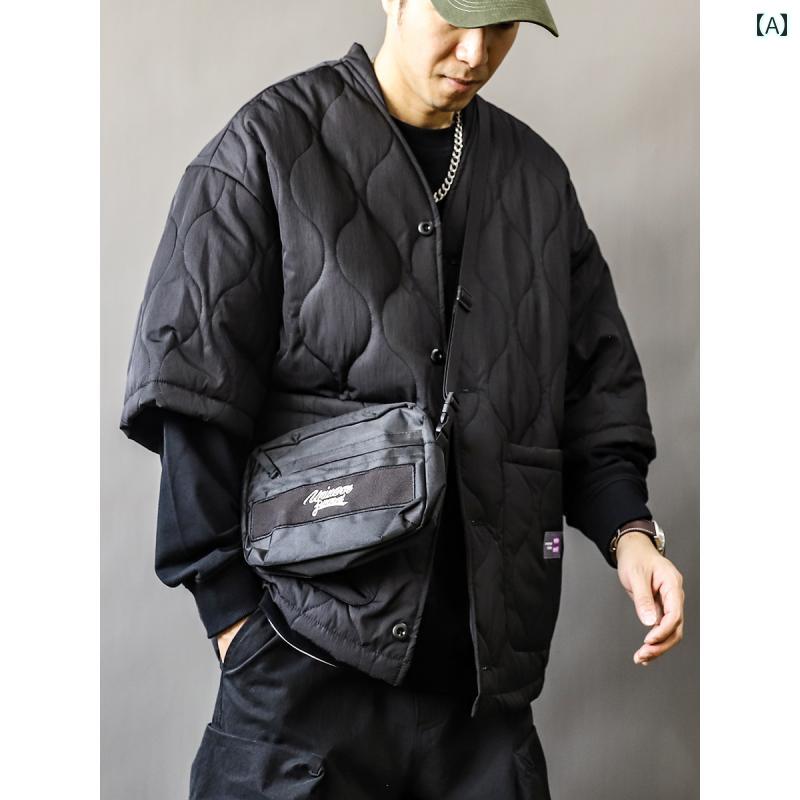 メンズ ジャケット おしゃれ ローブ 綿 コート 秋冬 半袖 レトロ 大きめサイズ ブラック グリーン ノーカラー