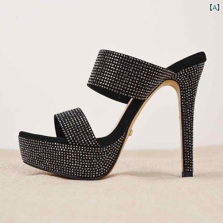 キャバ ヒール レディース パンプス ハイヒール ピンヒール パーティー セクシー キラキラ ラインストーン ステージ 防水 ダブル ストラップ サンダル 黒(4)