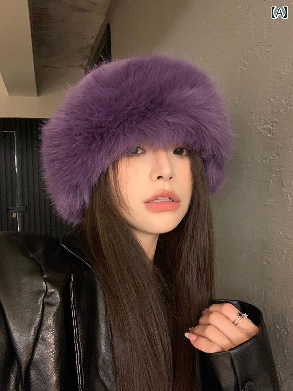 ファー 帽子 レディース 秋冬 韓国 ウール 厚手 暖かい モンゴル キャップ パープル ベージュ ピンク