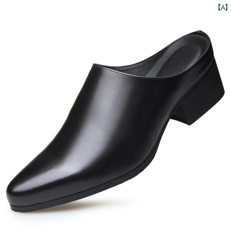 かかし シューズ メンズ 紳士靴 ビジネス サンダル おしゃれ 春夏 革 韓国 ポインテッドトゥ スリッパ 通気性 レザー ブラック