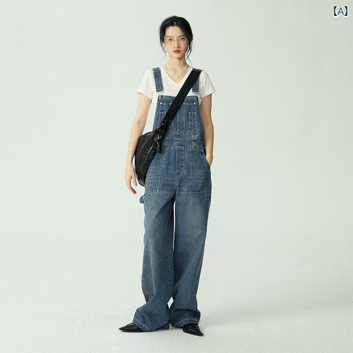 オーバーオール サロペット パンツ つぎ レディース カジュアル ストレート デニム 春夏 レトロ ロング ブルー ホワイト オーバーオール サロペット パンツ つぎ レディース カジュアル ストレート デニム 春夏 レトロ ロング ブルー ホワイト