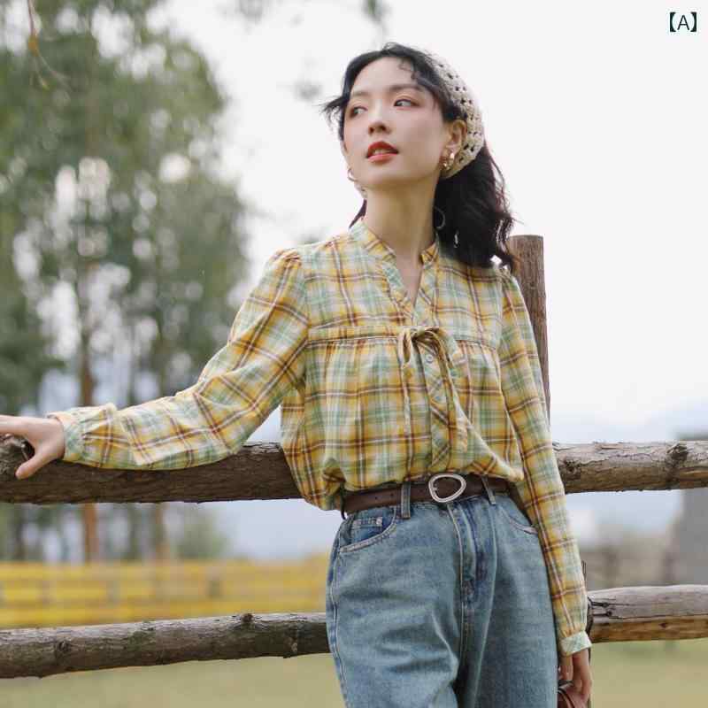 ブラウス シャツ レディース 長袖 トップス おしゃれ かわいい レトロ チェック Vネック レースアップ 春秋 黄
