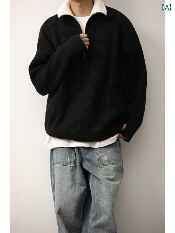 セーター メンズ レディース ニット トップス 秋冬 ハーフジップ 暖かい レトロ プルオーバー ブラック グレー ブラウン