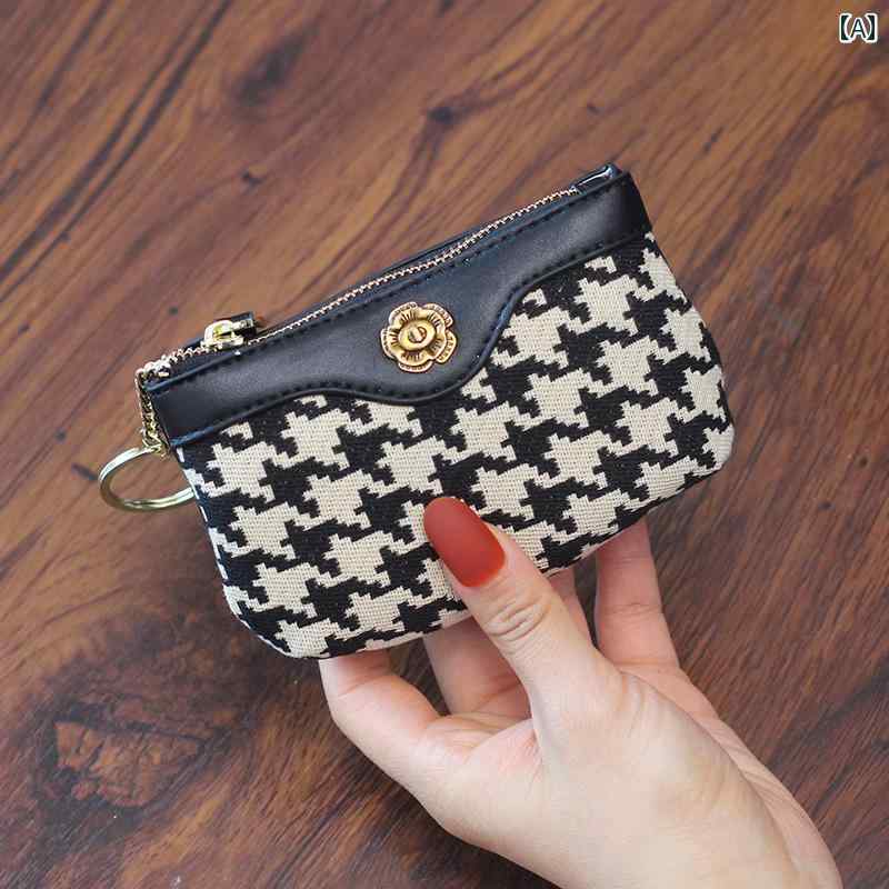 小銭入れ レディース ミニ 財布 コインケース 小さめ かわいい バッグ 千鳥格子 キャンバス ショート ブラック ベージュ ポーチ