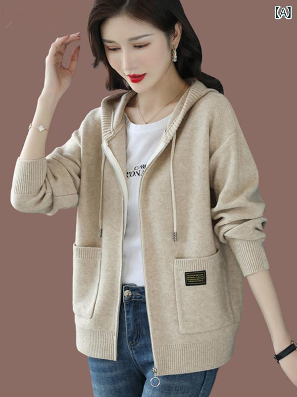 ニット レディース おしゃれ カーディガン カジュアル フード セーター 春秋 ウール イエロー ワインレッド ベージュ パーカー