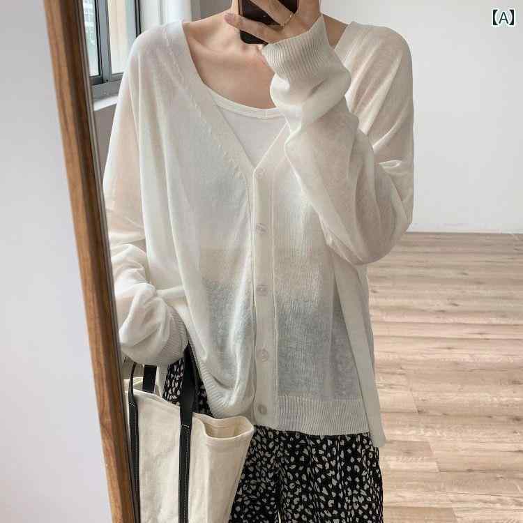 ニット レディース おしゃれ カーディガン カジュアル リネン 春秋 長袖 薄手 ショール ブラウス 韓国 ホワイト イエロー ブルー