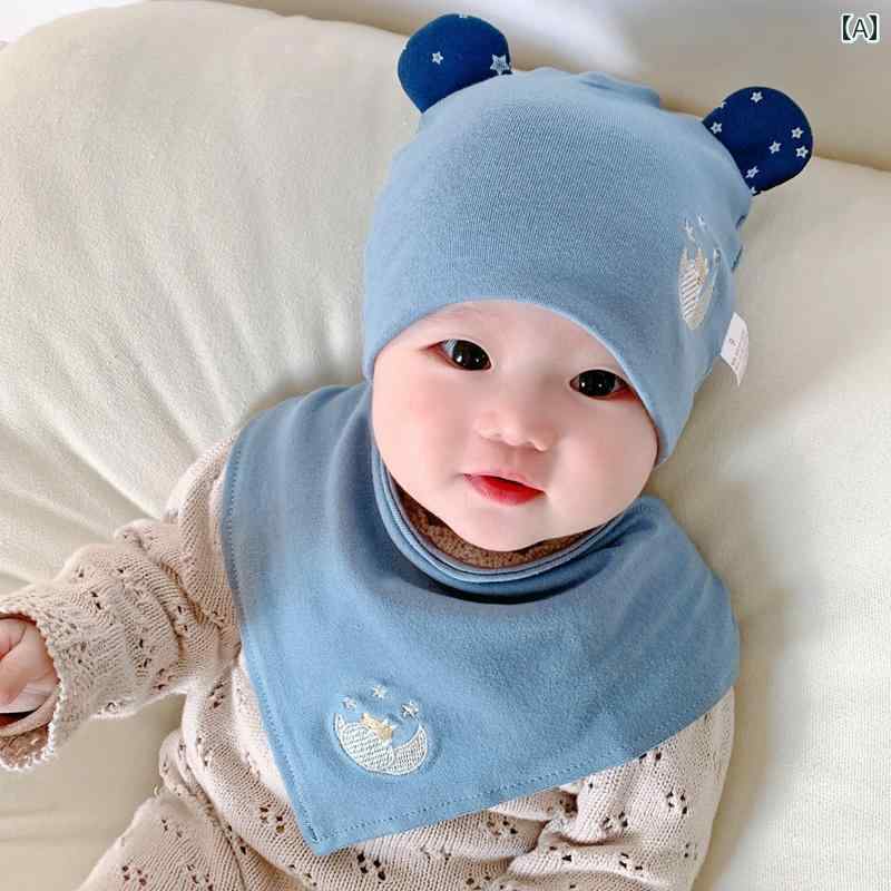 帽子 ベビー 赤ちゃん 春秋 コットン かわいい 薄手 よれ掛け スカーフ 星 ブルー レッド グレー