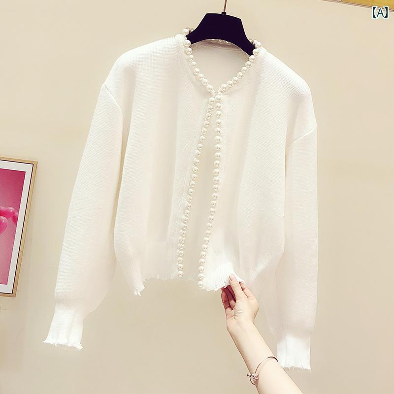 ニット レディース カーディガン おしゃれ カジュアル 秋冬 韓国 パール ラウンドネック 長袖 セーター ショート 白 黒