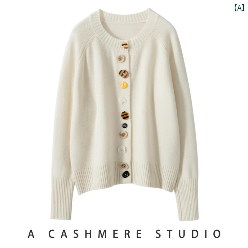 ニット レディース カーディガン おしゃれ カジュアル ラウンドネック ショート セーター ホワイト カーキ ブラック