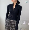ニット レディース カーディガン おしゃれ カジュアル ハイネック 長袖 ジッパー ショート セーター 春秋 スリム スタンドカラー 黒 白 ワインレッド