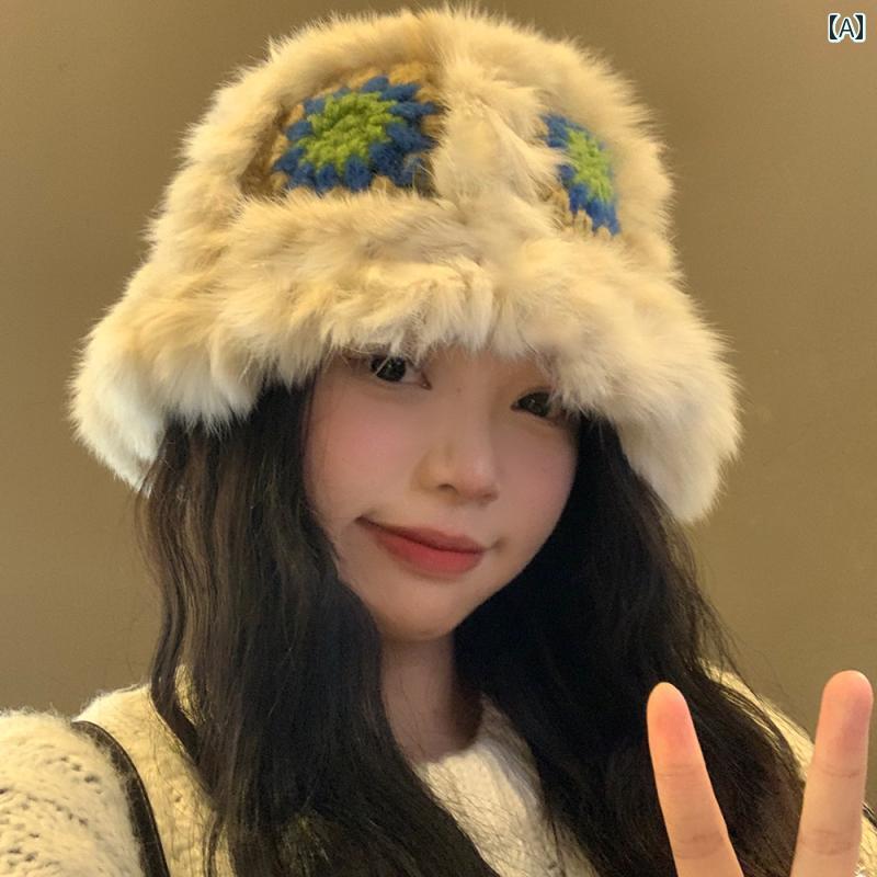 ファー バケットハット レディース 帽子 秋冬 ニット カジュアル 暖かい ウール カーキ ピンク ホワイト