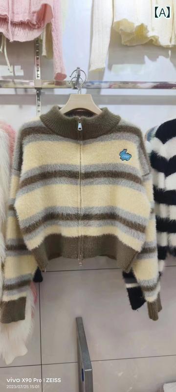 ニット レディース おしゃれ カーディガン カジュアル 韓国 ショート セーター 秋冬 ボーダー カーキ ブラック