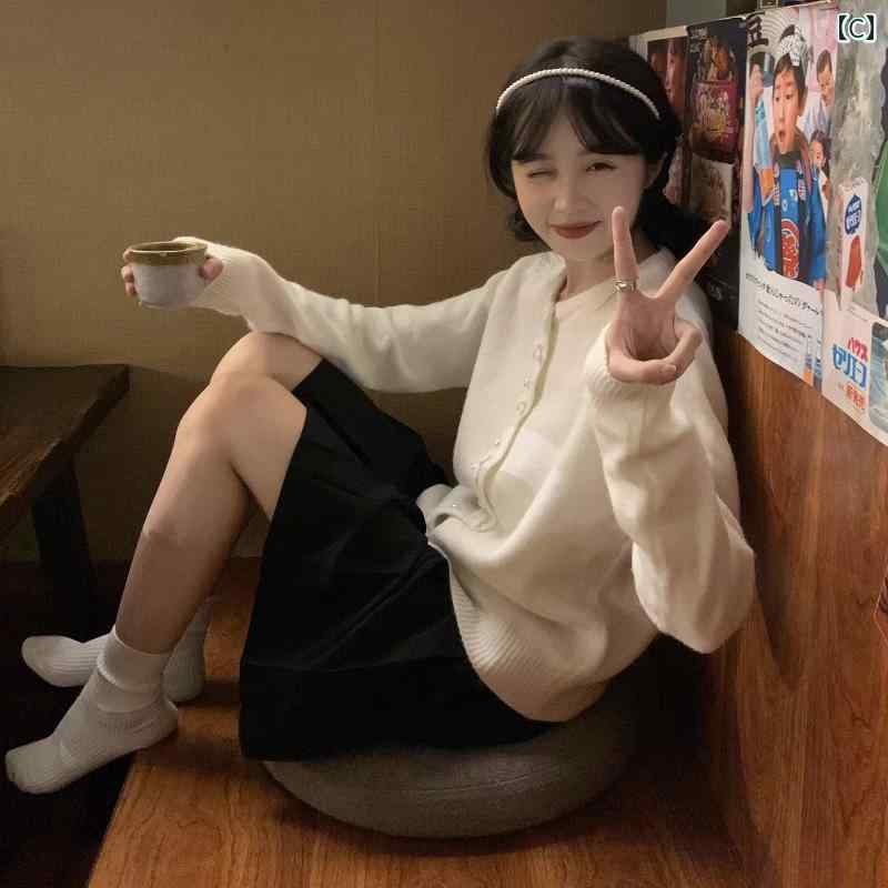 ニット レディース カーディガン おしゃれ カジュアル 大きめサイズ 秋冬 韓国 パール ボタン セーター イエロー ピンク グリーン