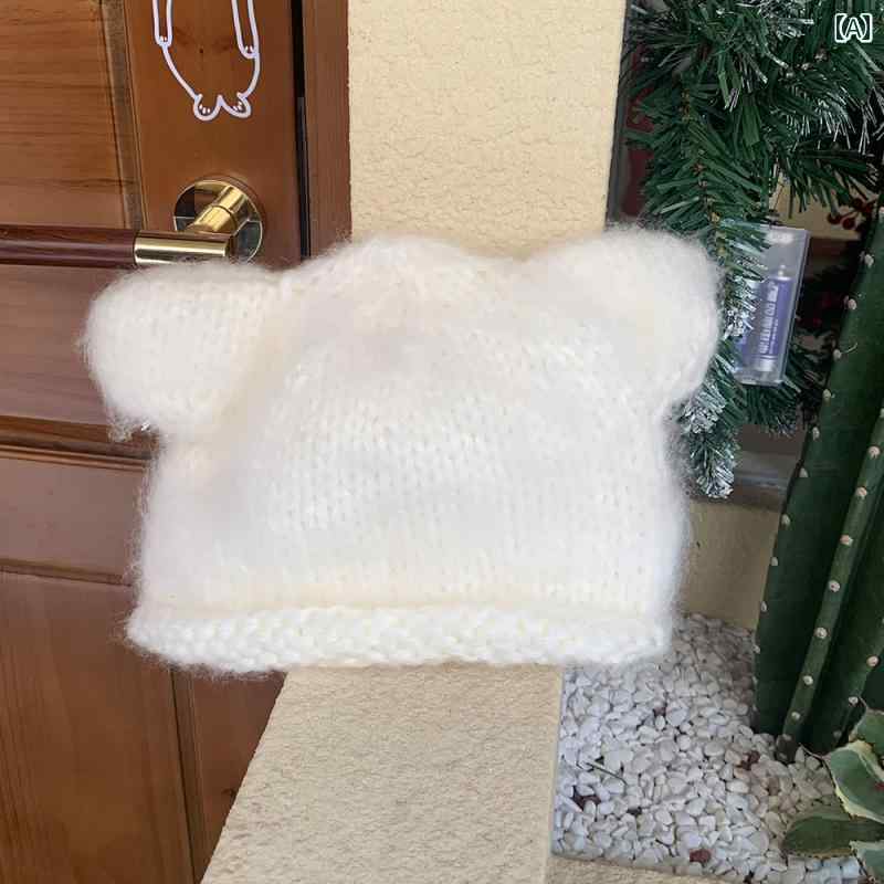 ニット帽 レディース 帽子 クマ耳 かわいい キュート 暖かい ホワイト ブラック レッド モヘア