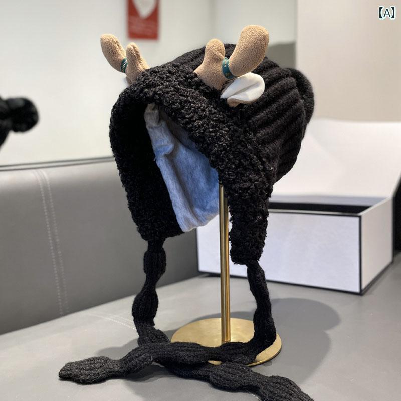 ニット帽 レディース カジュアル 帽子 秋冬 かわいい 枝角 防寒 暖かい 厚手 ウール ブラック ベージュ カーキ