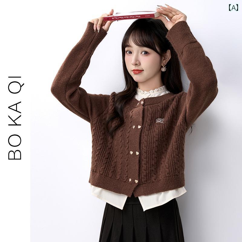 ニット レディース おしゃれ カーディガン カジュアル 秋冬 刺繍 セーター ショート レッド グリーン ブラック