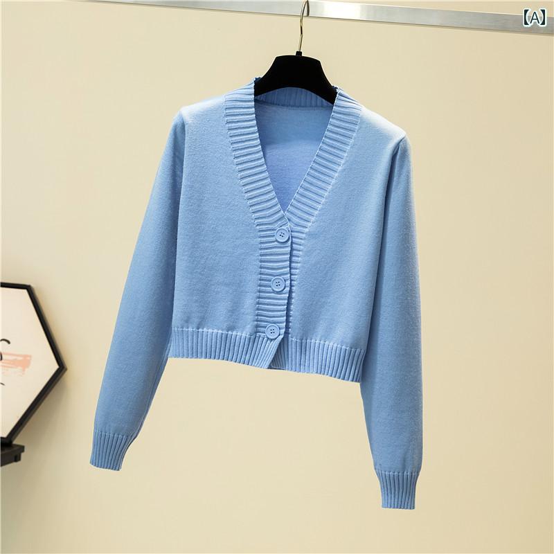 ニット レディース カーディガン おしゃれ カジュアル ショート 春秋 無地 Vネック セーター 韓国 長袖 ブルー ブラック イエロー