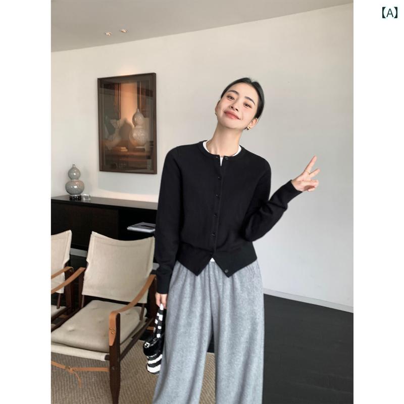 ニット レディース カーディガン おしゃれ カジュアル ラウンドネック 秋冬 韓国 セーター トップス ブラック ホワイト グレー
