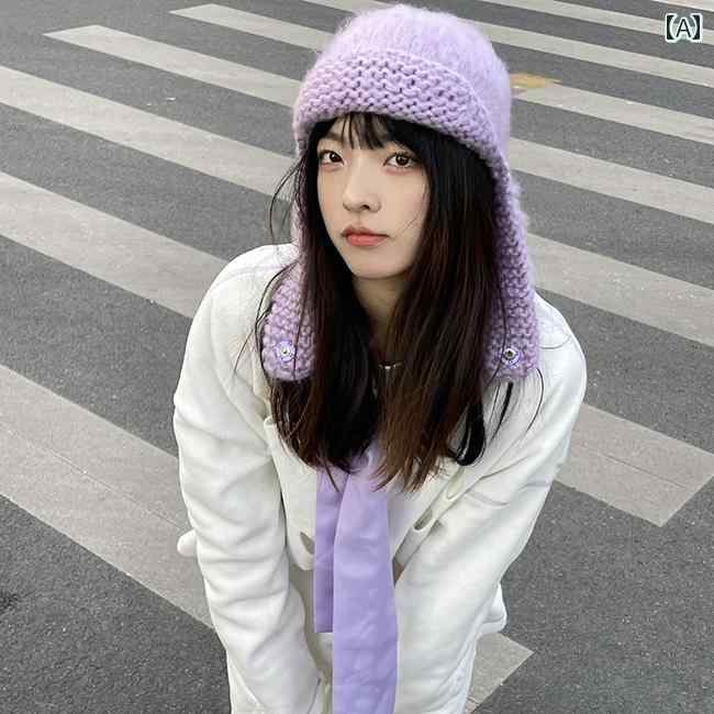 ニット帽 レディース 帽子 かわいい おしゃれ 編み ウール 耳あて マフラー レトロ 秋冬 パイロット パープル