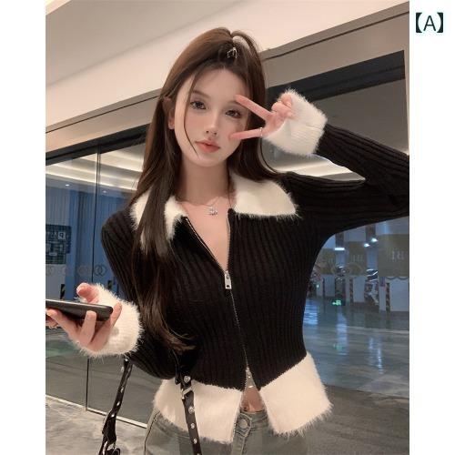 ニット レディース カーディガン おしゃれ カジュアル 秋冬 ファー 襟 セーター ショート トップス 赤 黒 ジッパー