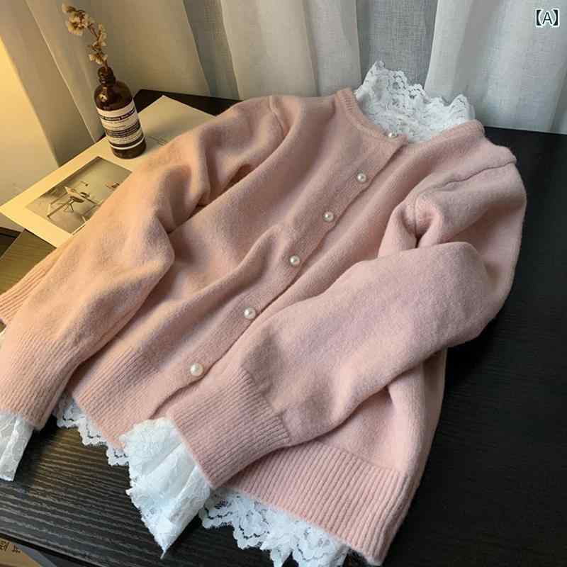 ニット レディース おしゃれ カーディガン カジュアル パール ボタン セーター 秋冬 ショート ホワイト ピンク イエロー