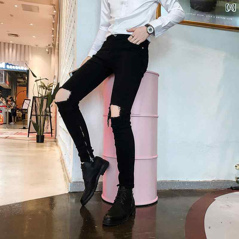 デニムパンツ メンズ ジーンズ ジーパン スキニー ダメージ クラッシュ ストリート カジュアル ジッパー ストレッチ性 韓国 大きめサイズ ブラック