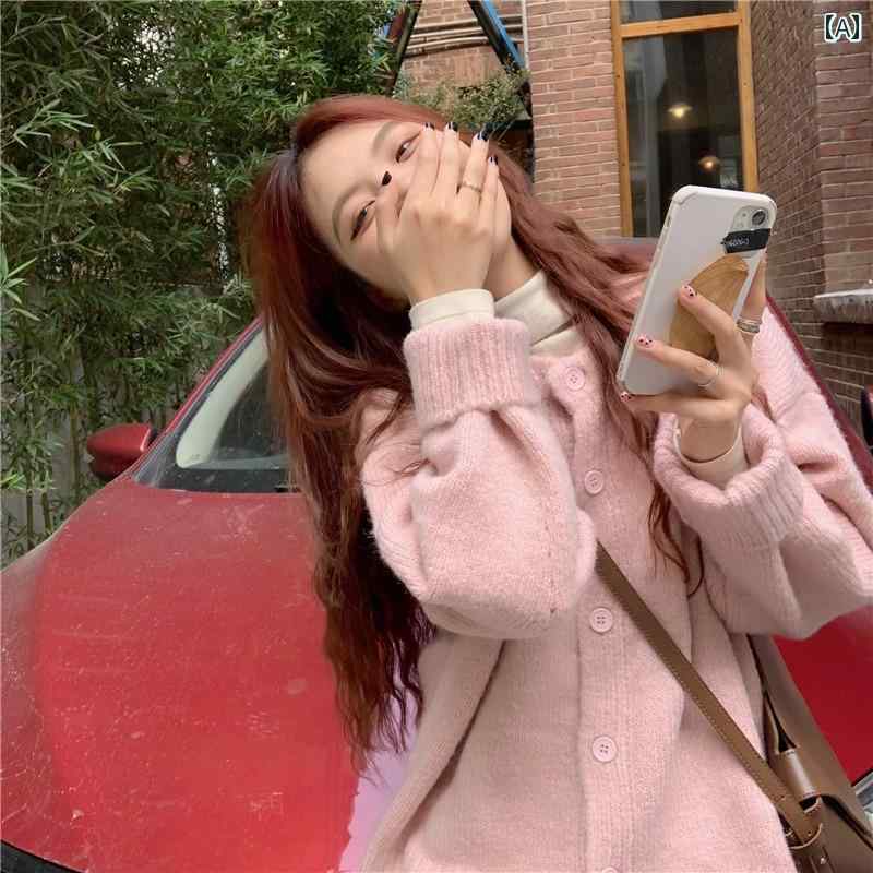 ニット レディース カーディガン おしゃれ カジュアル 韓国 セーター 春秋 レトロ ゆったり 長袖 ピンク ブラウン パープル