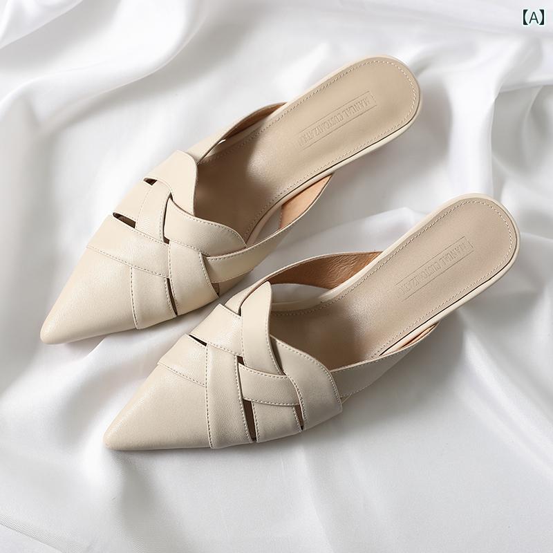 ミュール かかし レディース ローヒール 革 編組 サンダル ホワイト イエロー