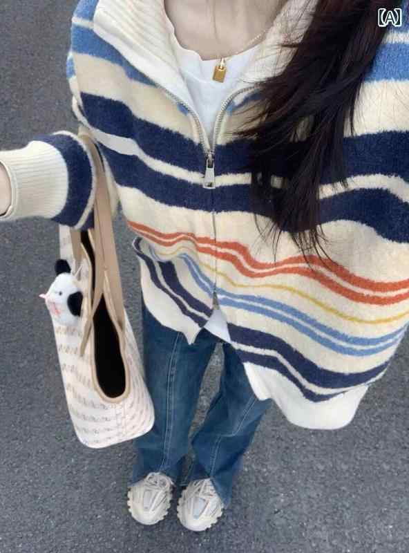 ニット レディース カーディガン おしゃれ カジュアル 大きめサイズ 春秋 レインボー ボーダー レトロ ジッパー セーター