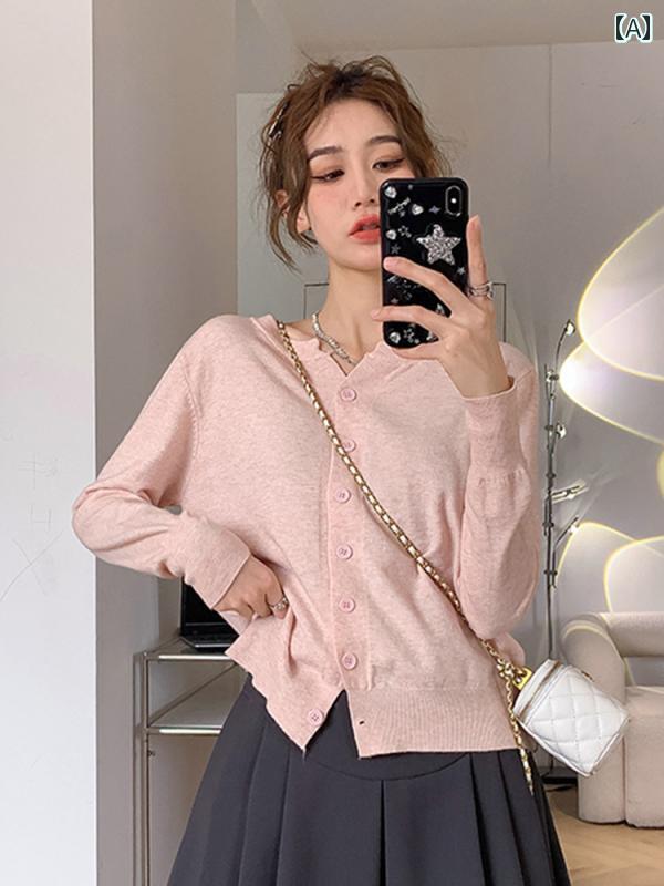 ニット レディース カーディガン おしゃれ カジュアル 春秋 長袖 ラウンドネック セーター トップス ピンク グレー ブラック