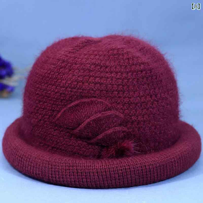帽子 レディース 婦人 ミセス おばあちゃん 冬 ニット ハット ウール 厚手 暖かい 綿 ワインレッド パープル ピンク