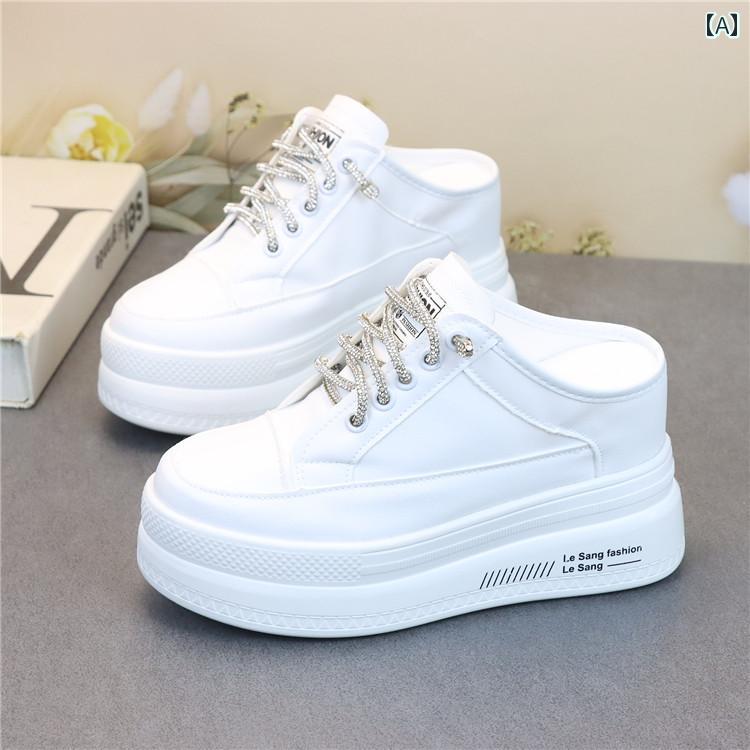 かかし スニーカー レディース スリッポン ハイヒール ラインストーン レースアップ 靴 スリッパ ホワ..