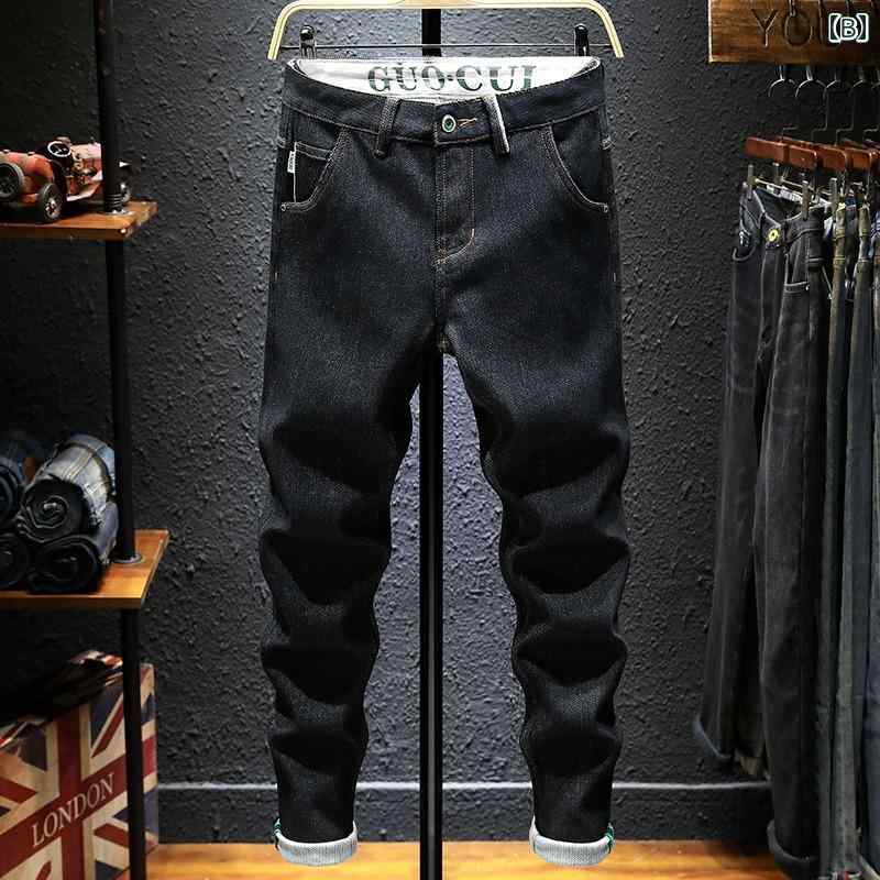 デニムパンツ メンズ ジーンズ ジーパン レトロ カジュアル 秋冬 タイト 裏起毛 暖かい ストレッチ性 ウォッシュド ブルー ブラック