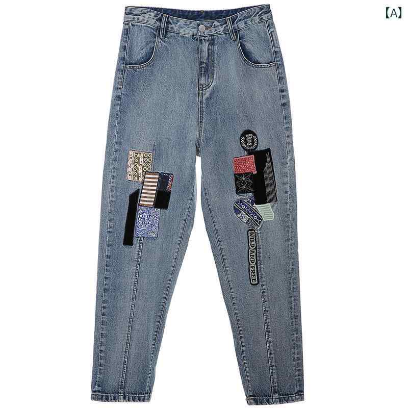 デニムパンツ レディース ジーンズ おしゃれ カジュアル 刺繍 ウォッシュド 韓国 ロゴ 春夏 ブルー