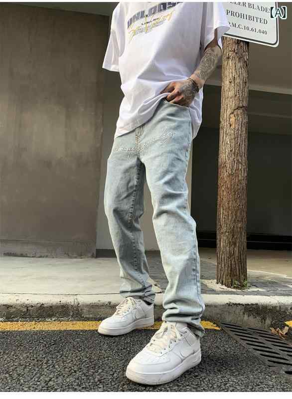 デニムパンツ メンズ ジーンズ ジーパン 秋 スリム フィット 刺繍 ストレッチ ファッション ブルー ホワイト ブラック