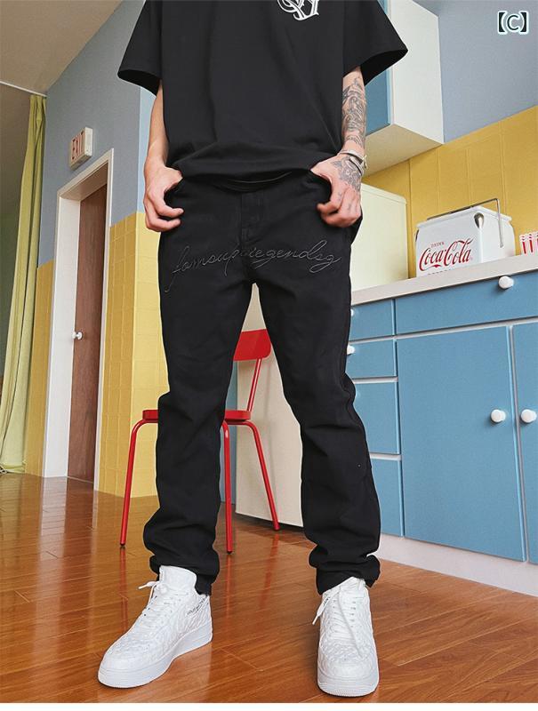 デニムパンツ メンズ ジーンズ ジーパン 秋 スリム フィット 刺繍 ストレッチ ファッション ブルー ホワイト ブラック