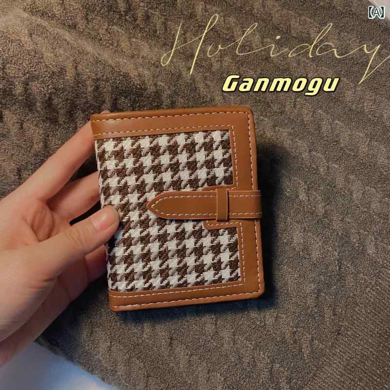 財布 二つ折り レディース ウォレット 小銭入れ コンパクト レトロ ショート 千鳥格子 ブラウン ブラック ブルー