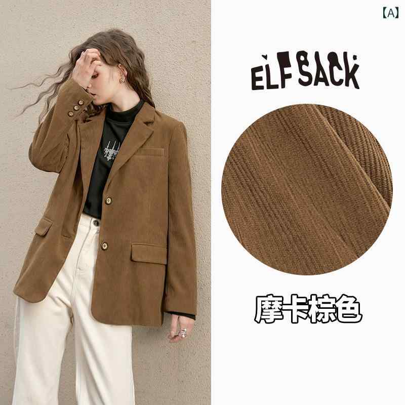 レディース ファッション ジャケット おしゃれ スーツ レトロ ブレザー 春秋 英国 コーデュロイ ブラウン