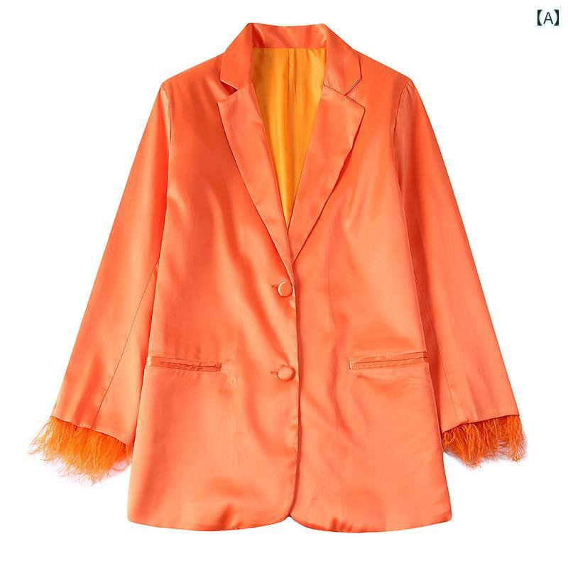 レディース ファッション ジャケット おしゃれ スーツ サテン レトロ カジュアル ブレザー パンツ