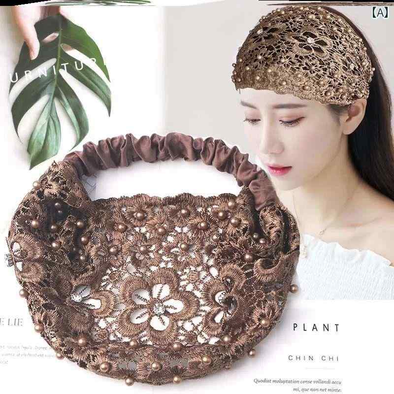 ヘアバンド ヘアアクセサリー レディース カチューシャ レース パール ブラウン ブラック ネイビー 幅広