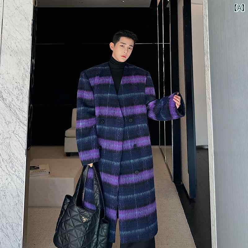 コート メンズ ウール ジャケット ダブル おしゃれ 秋冬 暖かい ロング チェック パープル 韓国