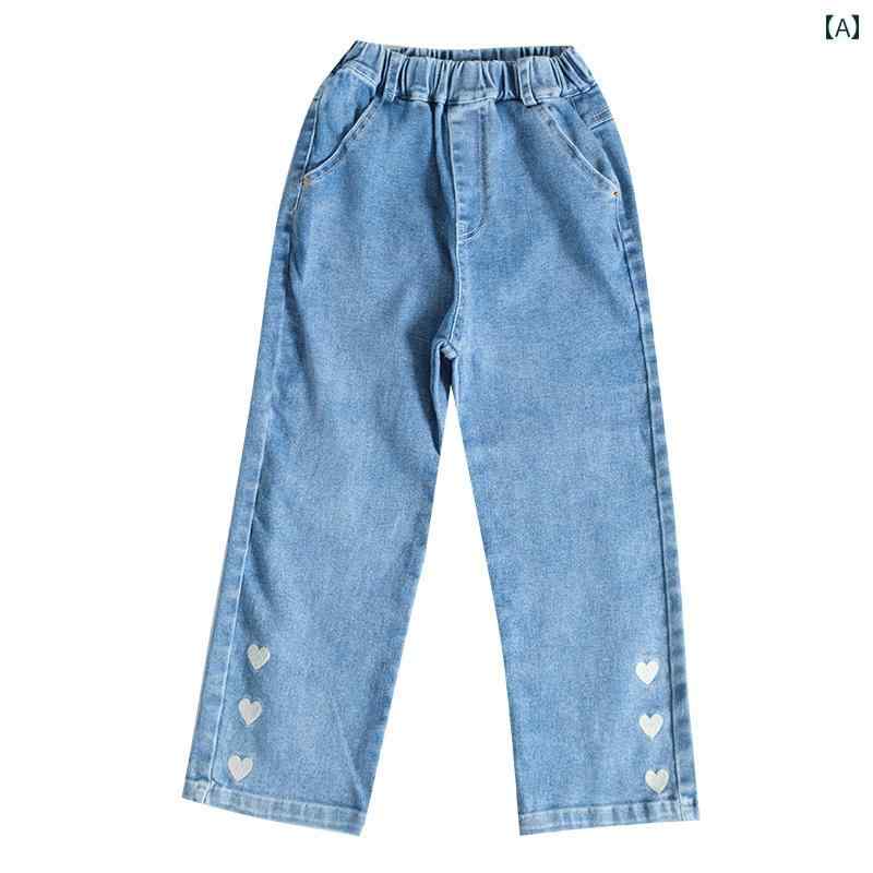 デニム パンツ キッズ 子供服 女の子 春秋 ジーンズ ハート ズボン カジュアル ブルー ウエストゴム
