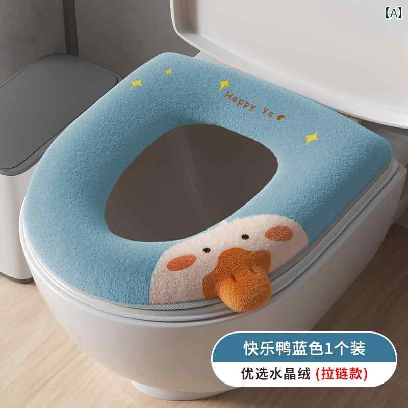 便座カバー 便座シート トイレ品 便座 クッション 取っ手 秋冬 かわいい 厚手 ジッパー ファスナー オールシーズン アヒル ブルー グレー