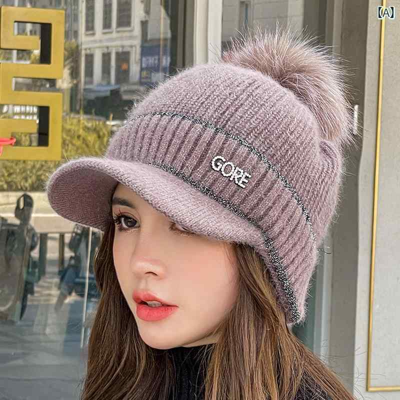 ニット帽 ポンポン レディース 帽子 防寒 ボンボン キャップ 秋冬 暖かい かわいい ウール ファー ツバ 耳あて カーキ 黒 ベージュ