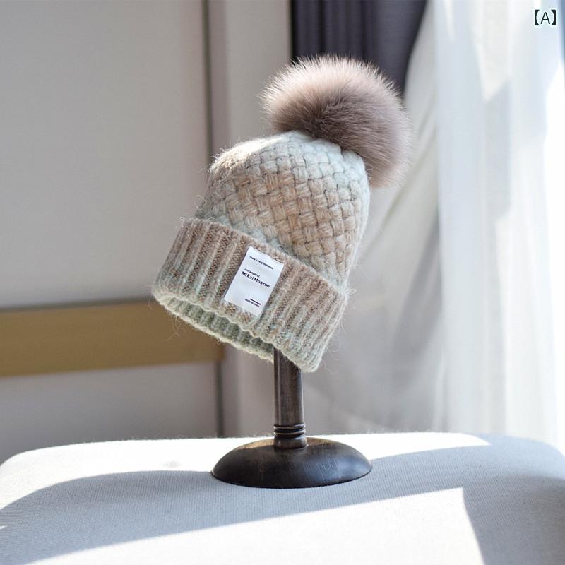 Knit Hat - ニット帽 ポンポン レディース 帽子 防寒 ボンボン キャップ 秋冬 暖かい かわいい モヘア ファー ハット 耳あて カーキ グレー パープル