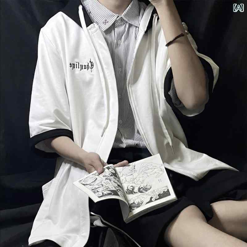 メンズ 半袖 スウェット フード カジュアル 春夏 レトロ ジッパー ファッション パーカー ジップアップ