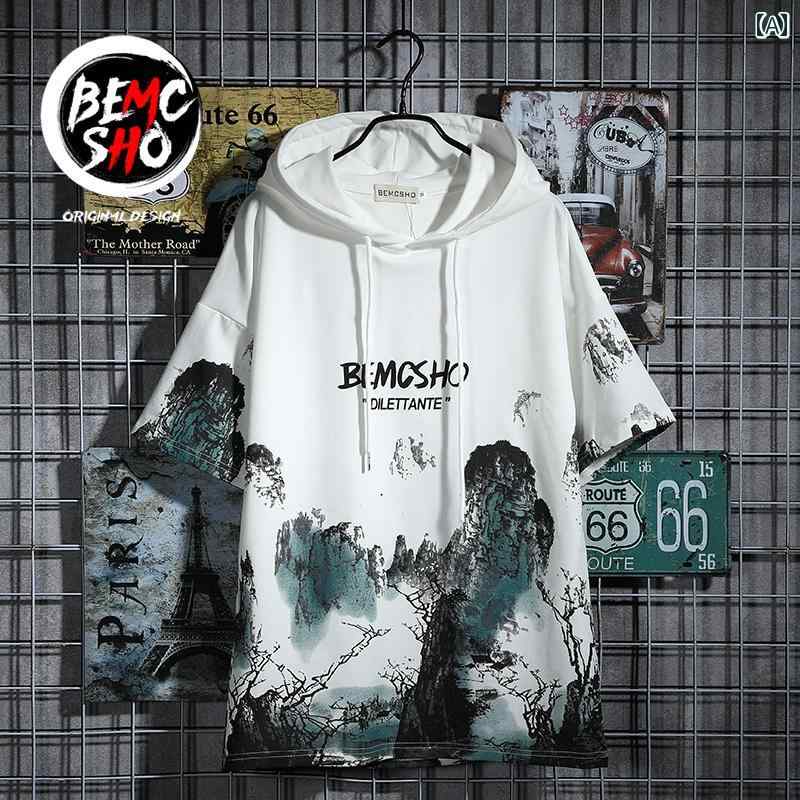 メンズ 半袖 中国風 フード Tシャツ 春夏 カップル スウェット ファッション おしゃれ ホワイト ブラッ..